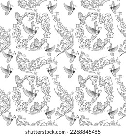 Seamless pattern. Beautiful flying birds and flowers. Textile background, line graphics. 