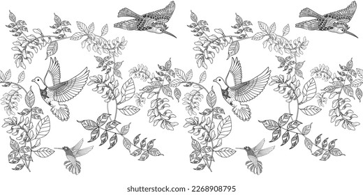 Nahtloses Muster. Schöne fliegende Vögel und Blumen. Textiler Hintergrund, Zeilengrafiken. 