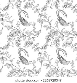 Seamless pattern. Beautiful flying birds and flowers. Textile background, line graphics. 