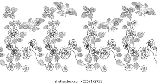 Nahtloses Muster. Schöne fliegende Vögel und Blumen. Textiler Hintergrund, Zeilengrafiken. 