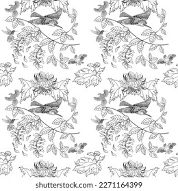 Nahtloses Muster. Schöne fliegende Vögel und Blumen. Textiler Hintergrund, Zeilengrafiken.