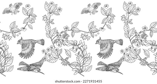 Nahtloses Muster. Schöne fliegende Vögel und Blumen. Textiler Hintergrund, Zeilengrafiken.