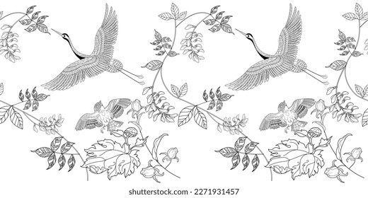 Seamless pattern. Beautiful flying birds and flowers. Textile background, line graphics.