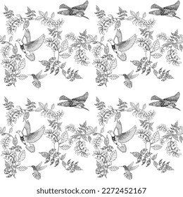 Seamless pattern. Beautiful flying birds and flowers. Textile background, line graphics.