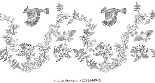 Seamless pattern. Beautiful flying birds and flowers. Textile background, line graphics.