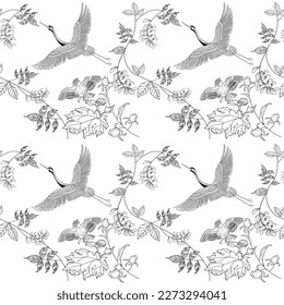 Patrón sin foco. Hermosos pájaros voladores y flores. Fondo textil, gráficos de línea. 