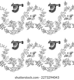 Seamless pattern. Beautiful flying birds and flowers. Textile background, line graphics. 