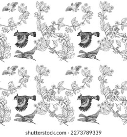 Seamless pattern. Beautiful flying birds and flowers. Textile background, line graphics. 