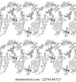 Seamless pattern. Beautiful flying birds and flowers. Textile background, line graphics. 