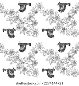 Patrón sin foco. Hermosos pájaros voladores y flores. Fondo textil, gráficos de línea. 