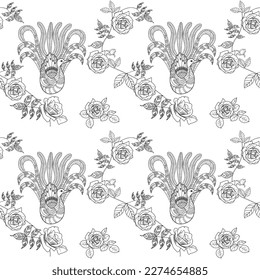 Seamless pattern. Beautiful flying birds and flowers. Textile background, line graphics. 