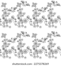 Seamless pattern. Beautiful flying birds and flowers. Textile background, line graphics. 