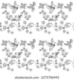 Seamless pattern. Beautiful flying birds and flowers. Textile background, line graphics. 
