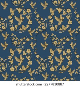 Seamless pattern. Beautiful flying birds and flowers. Textile background, line graphics.