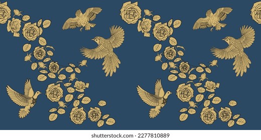 Patrón sin foco. Hermosos pájaros voladores y flores. Fondo textil, gráficos de línea.