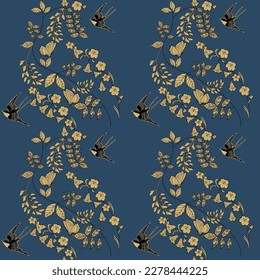 Seamless pattern. Beautiful flying birds and flowers. Textile background, line graphics.