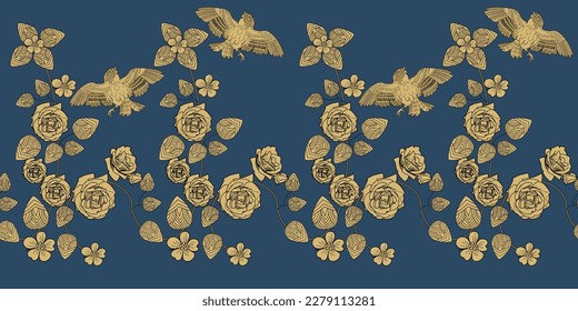 Patrón sin foco. Hermosos pájaros voladores y flores. Fondo textil, gráficos de línea.