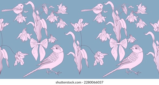Seamless pattern. Beautiful flying birds and flowers. Textile background, line graphics.