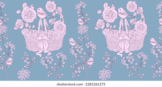 Seamless pattern. Beautiful flying birds and flowers. Textile background, line graphics.