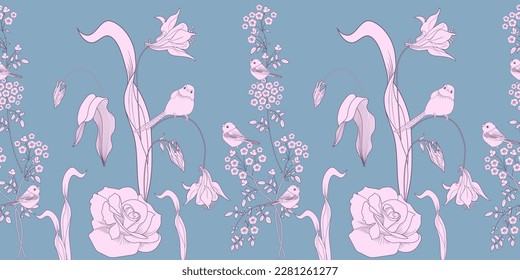 Nahtloses Muster. Schöne fliegende Vögel und Blumen. Textiler Hintergrund, Zeilengrafiken.
