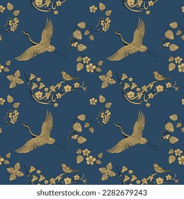Seamless pattern. Beautiful flying birds and flowers. Textile background, line graphics.