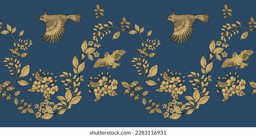 Seamless pattern. Beautiful flying birds and flowers. Textile background, line graphics.