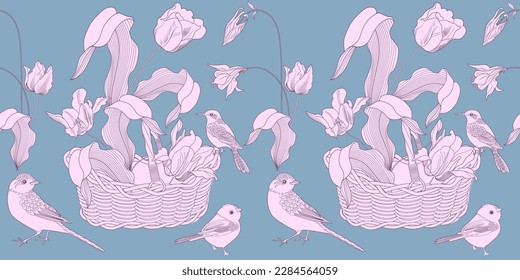 Seamless pattern. Beautiful flying birds and flowers. Textile background, line graphics. 