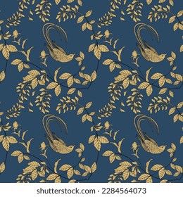 Seamless pattern. Beautiful flying birds and flowers. Textile background, line graphics.