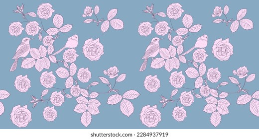 Patrón sin foco. Hermosos pájaros voladores y flores. Fondo textil, gráficos de línea. 