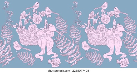 Seamless pattern. Beautiful flying birds and flowers. Textile background, line graphics. 