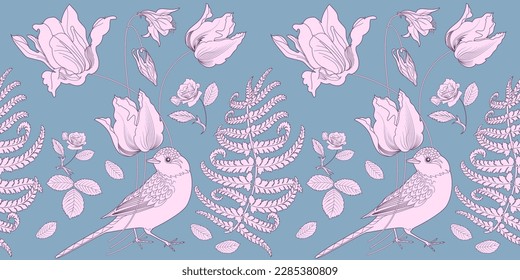 Seamless pattern. Beautiful flying birds and flowers. Textile background, line graphics. 