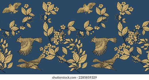 Seamless pattern. Beautiful flying birds and flowers. Textile background, line graphics. 