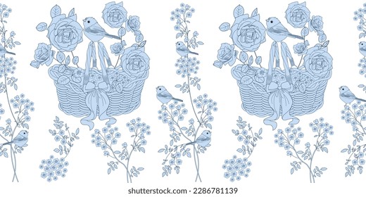 Seamless pattern. Beautiful flying birds and flowers. Textile background, line graphics. 