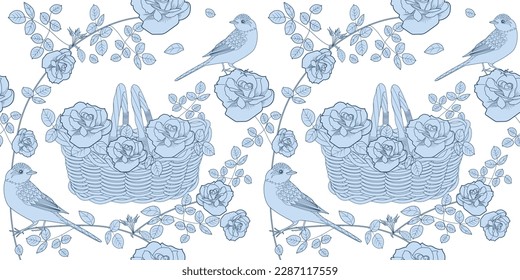 Seamless pattern. Beautiful flying birds and flowers. Textile background, line graphics. 