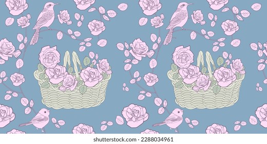 Seamless pattern. Beautiful flying birds and flowers. Textile background, line graphics. 
