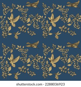 Seamless pattern. Beautiful flying birds and flowers. Textile background, line graphics. 