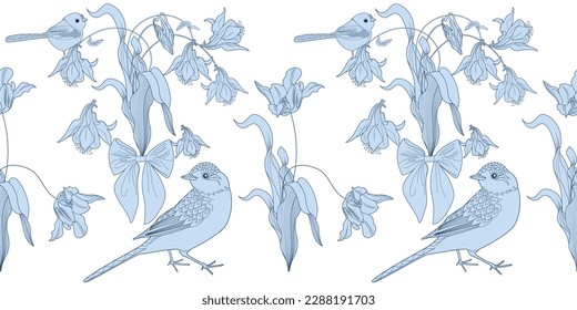 Seamless pattern. Beautiful flying birds and flowers. Textile background, line graphics. 
