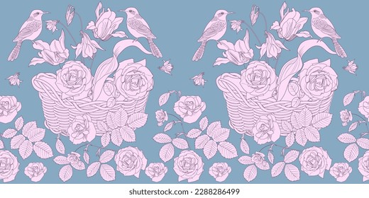 Seamless pattern. Beautiful flying birds and flowers. Textile background, line graphics. 
