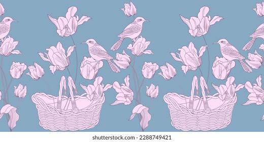Seamless pattern. Beautiful flying birds and flowers. Textile background, line graphics. 
