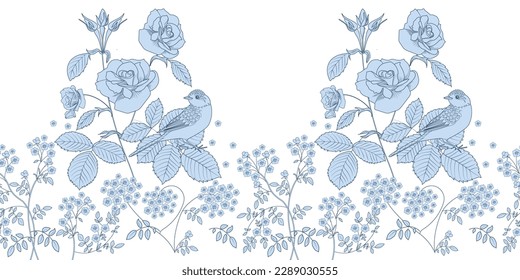 Seamless pattern. Beautiful flying birds and flowers. Textile background, line graphics.
