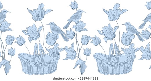 Seamless pattern. Beautiful flying birds and flowers. Textile background, line graphics.