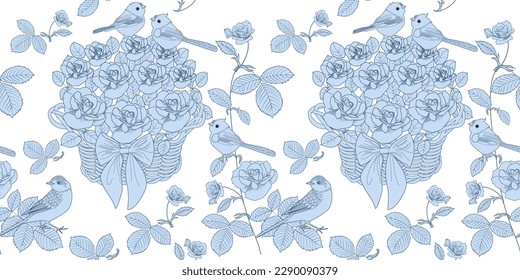Patrón sin foco. Hermosos pájaros voladores y flores. Fondo textil, gráficos de línea.