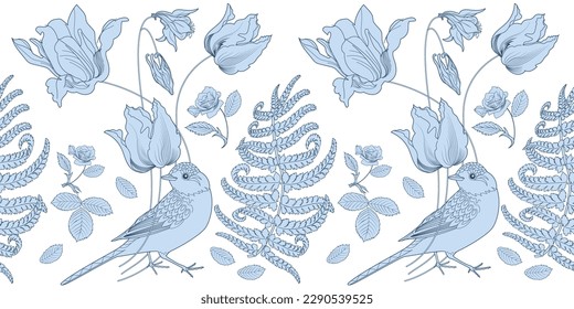 Seamless pattern. Beautiful flying birds and flowers. Textile background, line graphics.