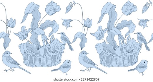 Patrón sin foco. Hermosos pájaros voladores y flores. Fondo textil, gráficos de línea.