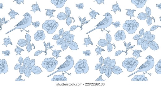 Seamless pattern. Beautiful flying birds and flowers. Textile background, line graphics.