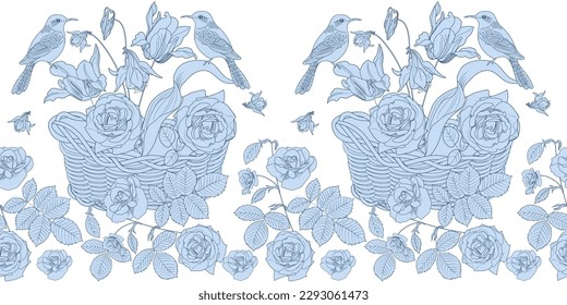 Seamless pattern. Beautiful flying birds and flowers. Textile background, line graphics.