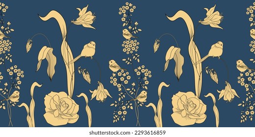 Seamless pattern. Beautiful flying birds and flowers. Textile background, line graphics.