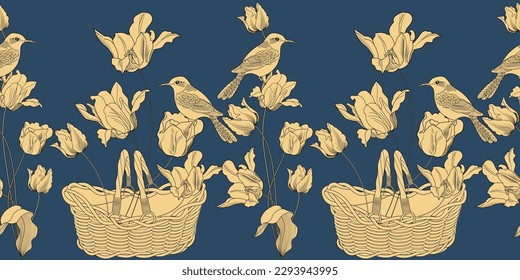 Seamless pattern. Beautiful flying birds and flowers. Textile background, line graphics.