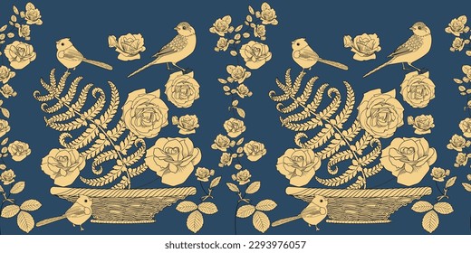 Seamless pattern. Beautiful flying birds and flowers. Textile background, line graphics.