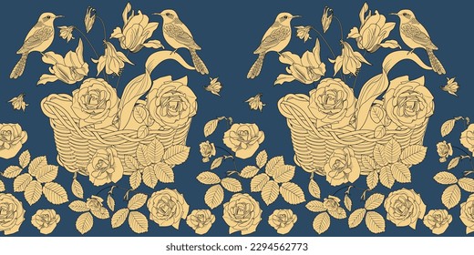 Patrón sin foco. Hermosos pájaros voladores y flores. Fondo textil